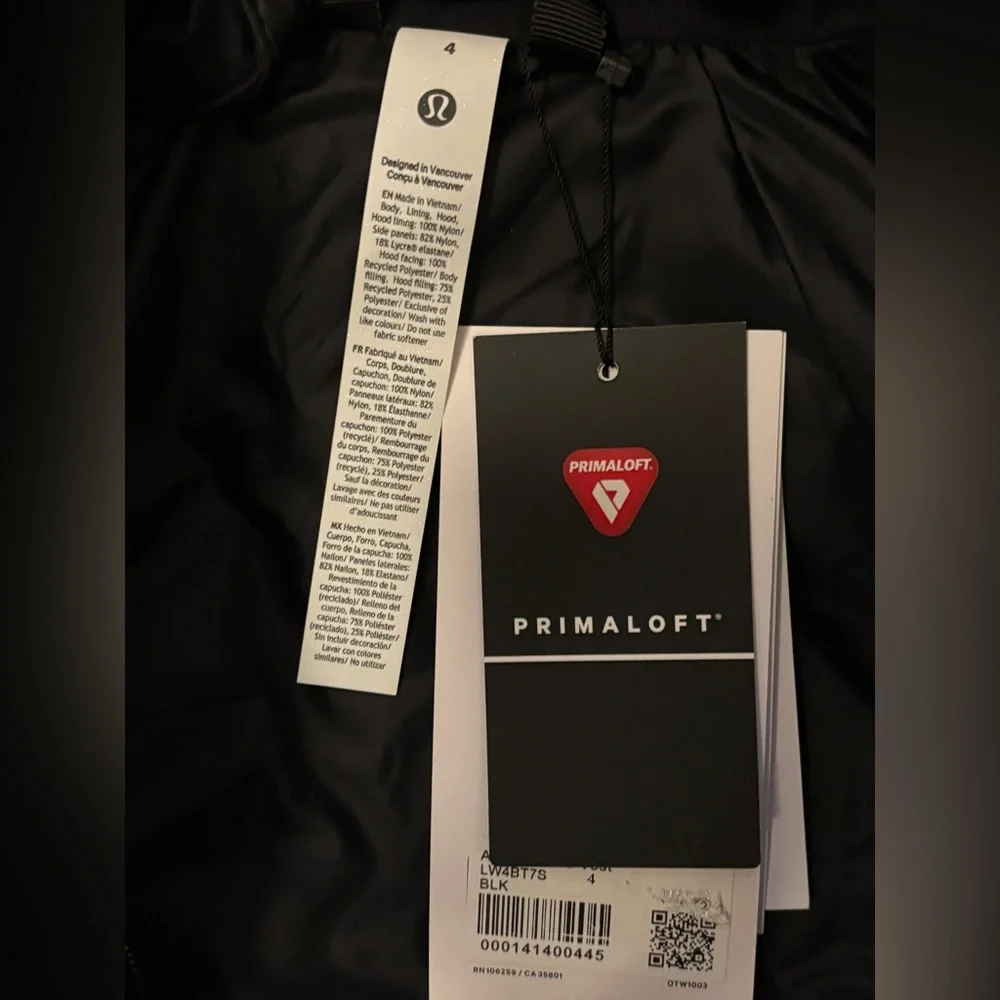 Brand New NWT LuluLemon Primaloft Black Another Mile Vest - Size 4